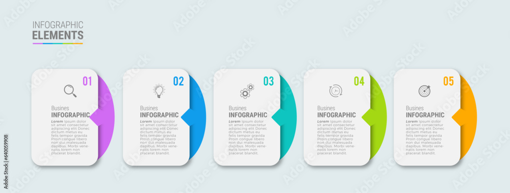 Concept with 5 steps in a row. colorful graphic elements. Timeline design for flyers, presentations. Infographic design layout Concept with 5 steps in a row. colorful graphic elements. Timeline design for flyers, presentations. Infographic design layout