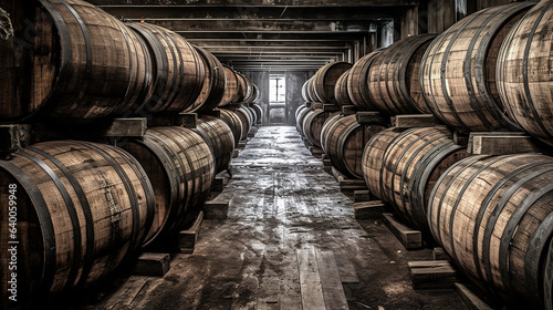 Whiskey, bourbon, scotch barrels in an aging facility. Hand edited. Generative AI