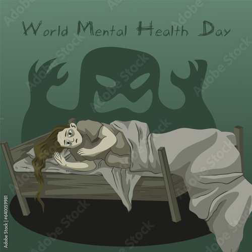 world mental health day. illustration of a woman unable to sleep because of stress and depression. shrouded in negative aura around him