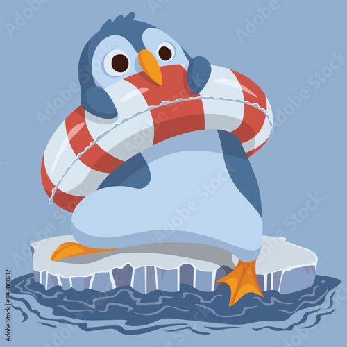 cute cartoon penguin who is afraid to swim