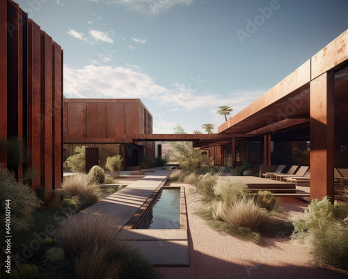 Ground level, long shot, factory architecture style, house, desert landscape, corten, daytime, photo-realistic, overhangs, pool, vertical louvers, balconies, fountains, trees. Generative AI © zaschnaus