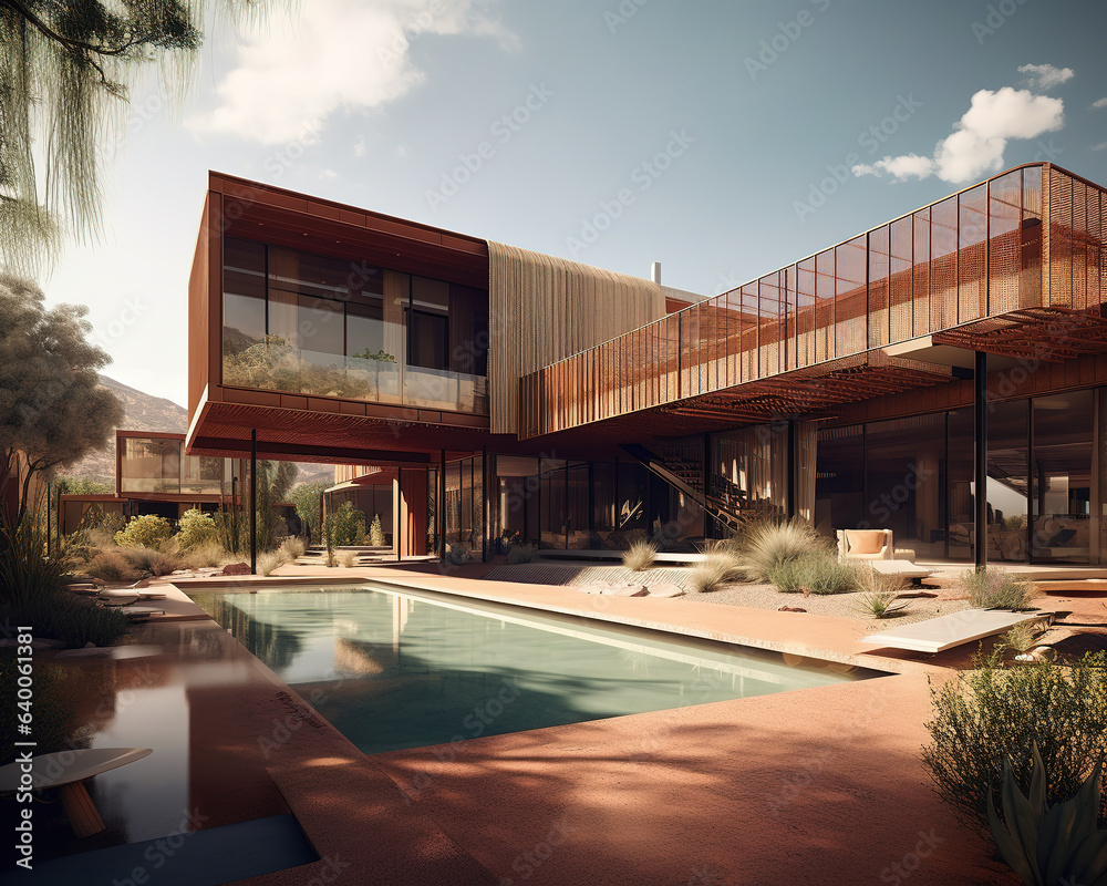 Ground level, long shot, factory architecture style, house, desert ...