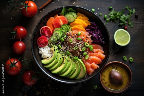 Close up of a healthy and organic poke bowl made with fresh ingredients