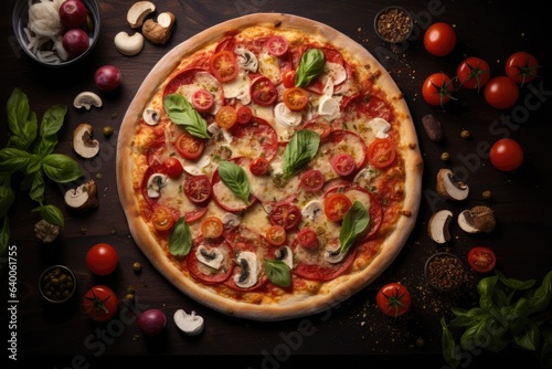 Top down close up of a fresh pizza ready to be delivered from a restaurant