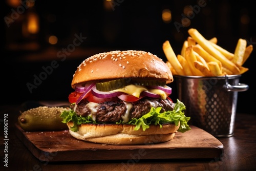 Fresh and tasty burger served in a restaurant with french fries
