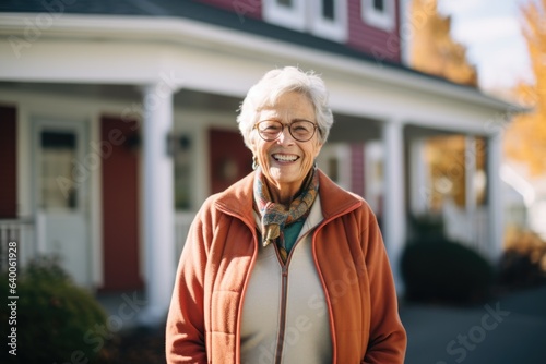 Portrait of a senior caucasian woman standing outside of her nursing home and looking at the camera