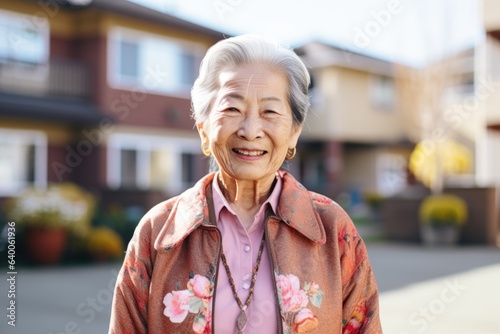 Portrait of a senior asian woman standing outside of her nursing home and looking at the camera
