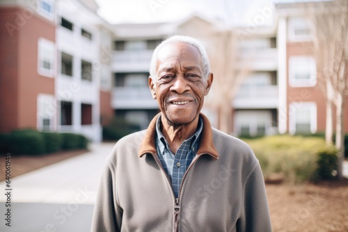 Portrait of a senior african american man standing outside of his nursing home and looking at the camera