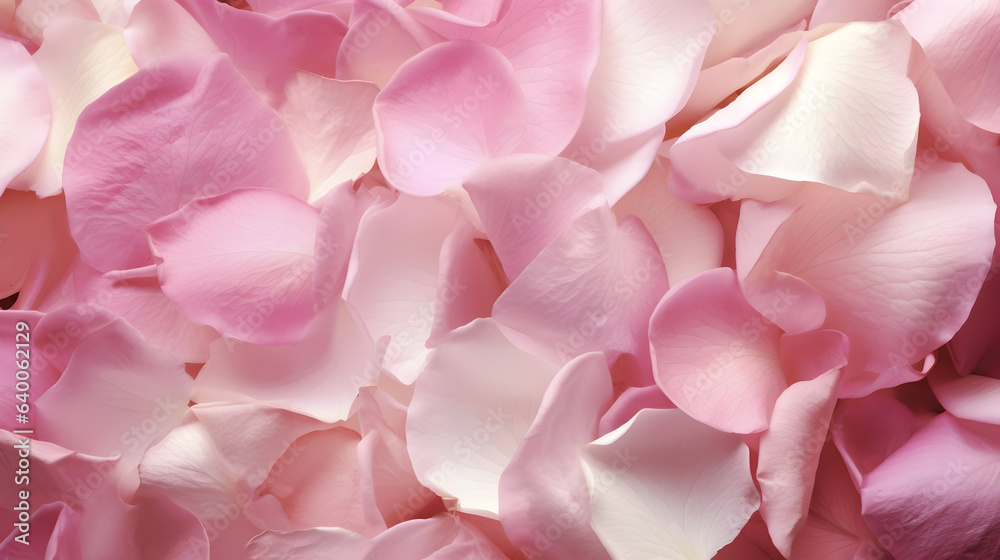 Under soft lighting, a close-up of elegent pink rose petals. for card, wedding background design. 