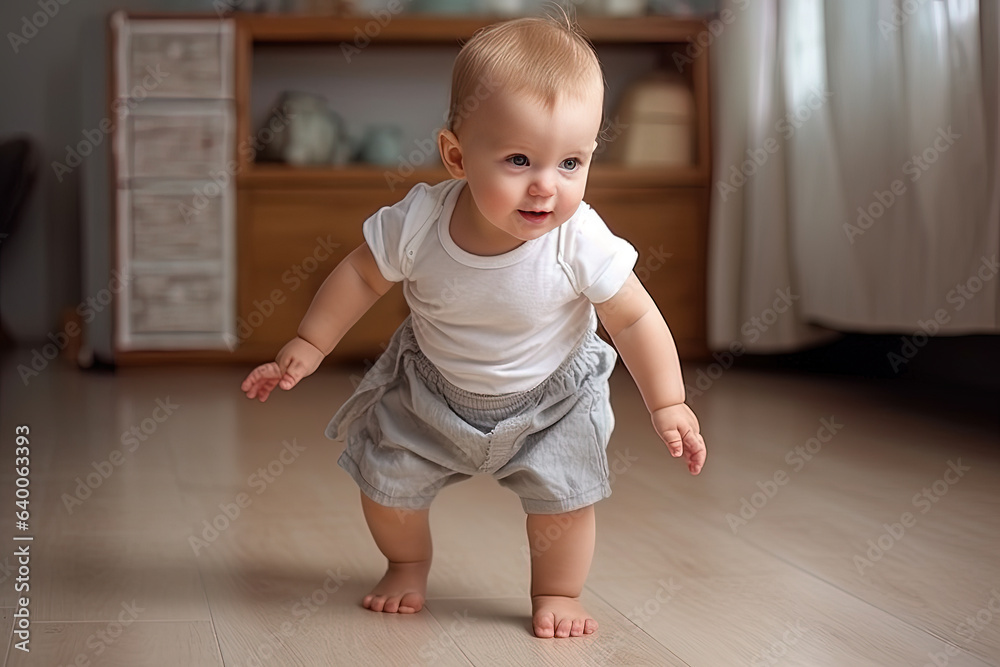 Baby in diaper learns to walk. Generative AI Baby in diaper learns to walk. Generative AI