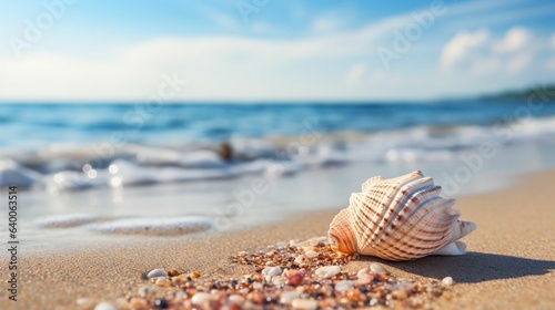 Lone seashell resting on sandy beach 