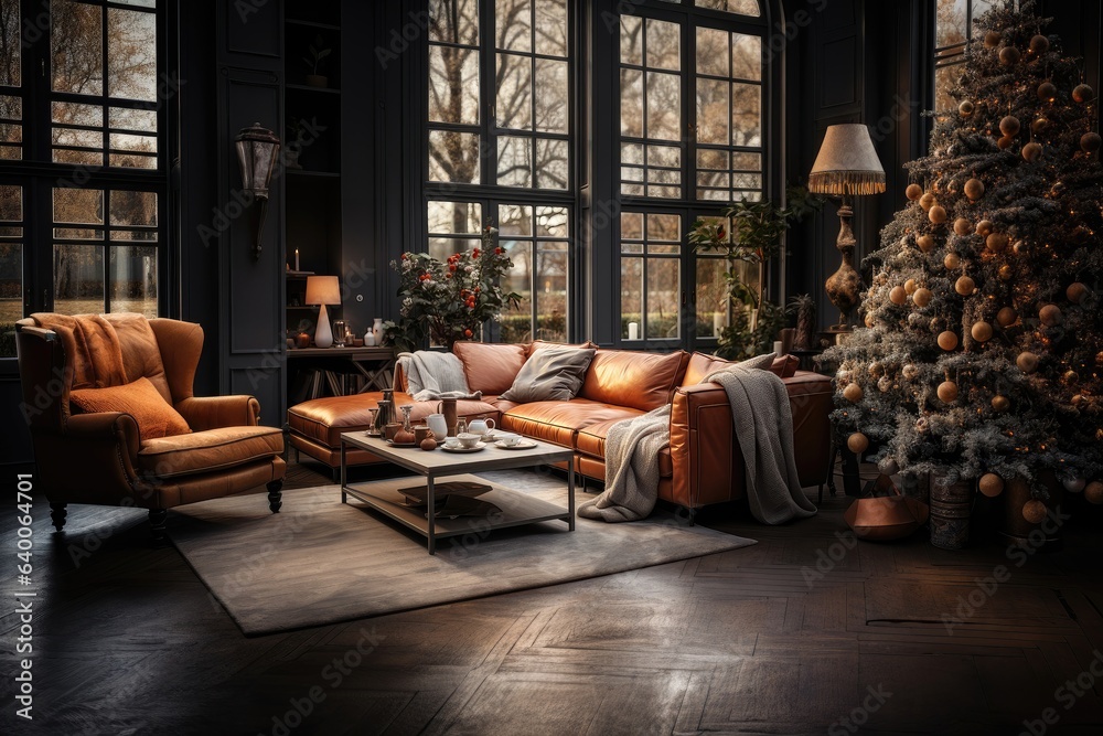 A festive lounge adorned with a large Christmas tree and offering a park view, creating a delightful holiday setting. Photorealistic illustration, Generative AI A festive lounge adorned with a large Christmas tree and offering a park view, creating a delightful holiday setting. Photorealistic illustration, Generative AI