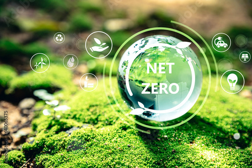 Carbon neutral and net zero concept. Balance between the amount of greenhouse gas produced and the amount removed from the atmosphere, Crystal globe putting on moss with Net Zero icon.