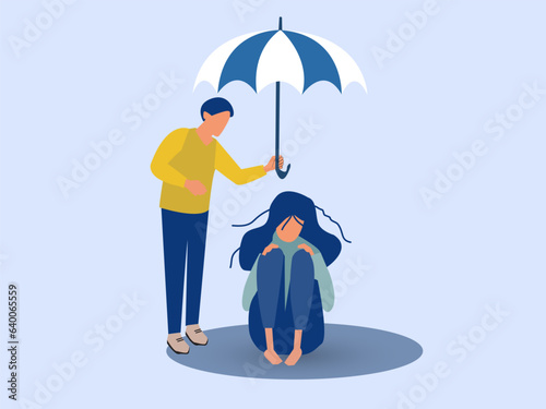 Helping hand and support concept. Young man cartoon character holding umbrella above sad frustrated depressed girl sitting on floor on rainy day vector illustration