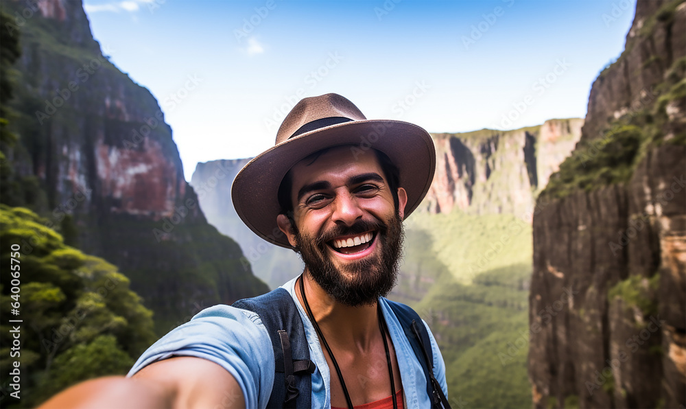 A strikingly handsome tourist, oozing confidence and sporting a stylish hat A strikingly handsome tourist, oozing confidence and sporting a stylish hat