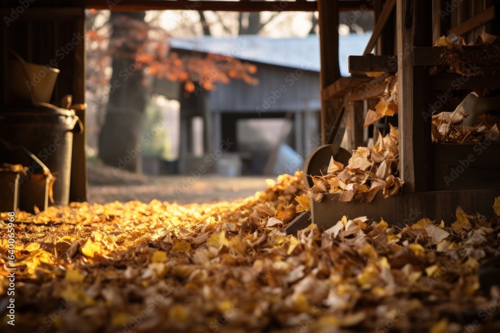 A barn filled with a pile of autumn leaves, symbolizing the fall season and village cleanup tasks