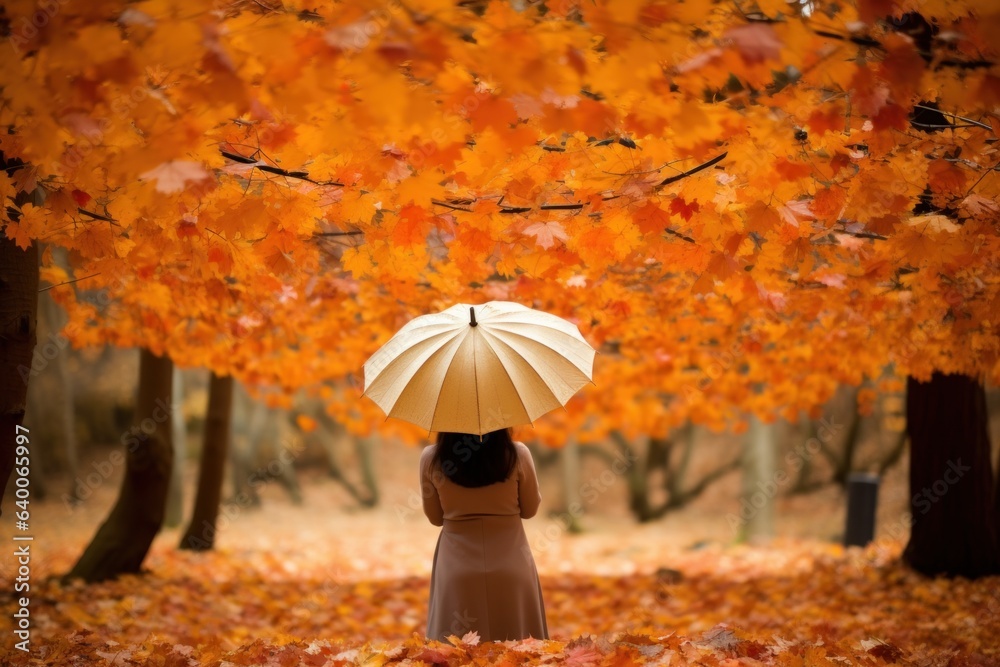 A girl with an umbrella stands amidst the vibrant hues of an autumn park