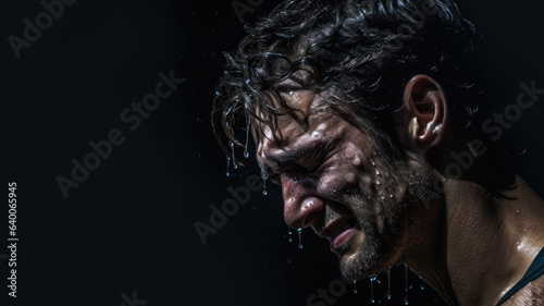 Depressed man crying side view