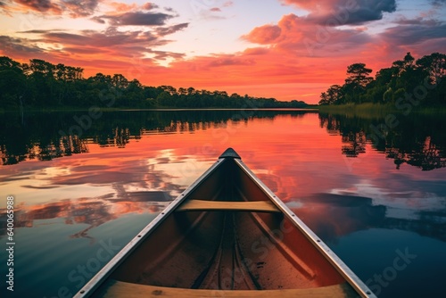 A serene view from a boat gliding along a river, with the forest silhouette against a sunset backdrop, encapsulating the essence of local travel