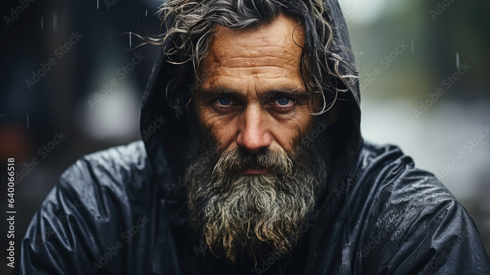 Homeless poor man crying portrait closeup. Economic recession.