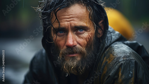 Homeless poor man crying portrait closeup. Economic recession.