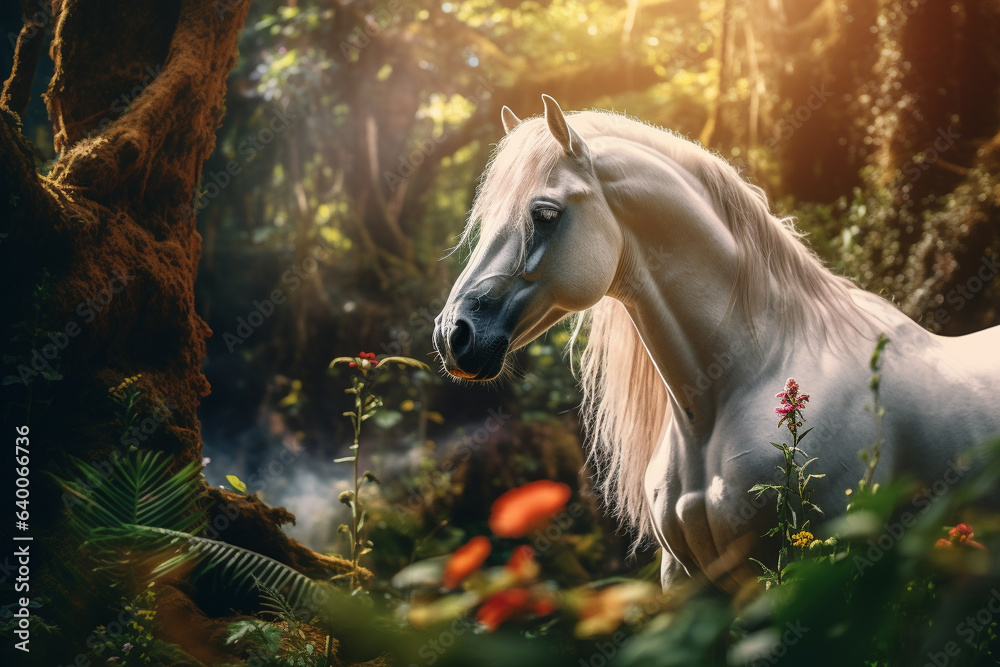 Cavalo branco na floresta tropical - Papel de parede - obrazy, fototapety, plakaty 