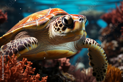 Tartaruga marinha nadando perto dos corais - Papel de parede