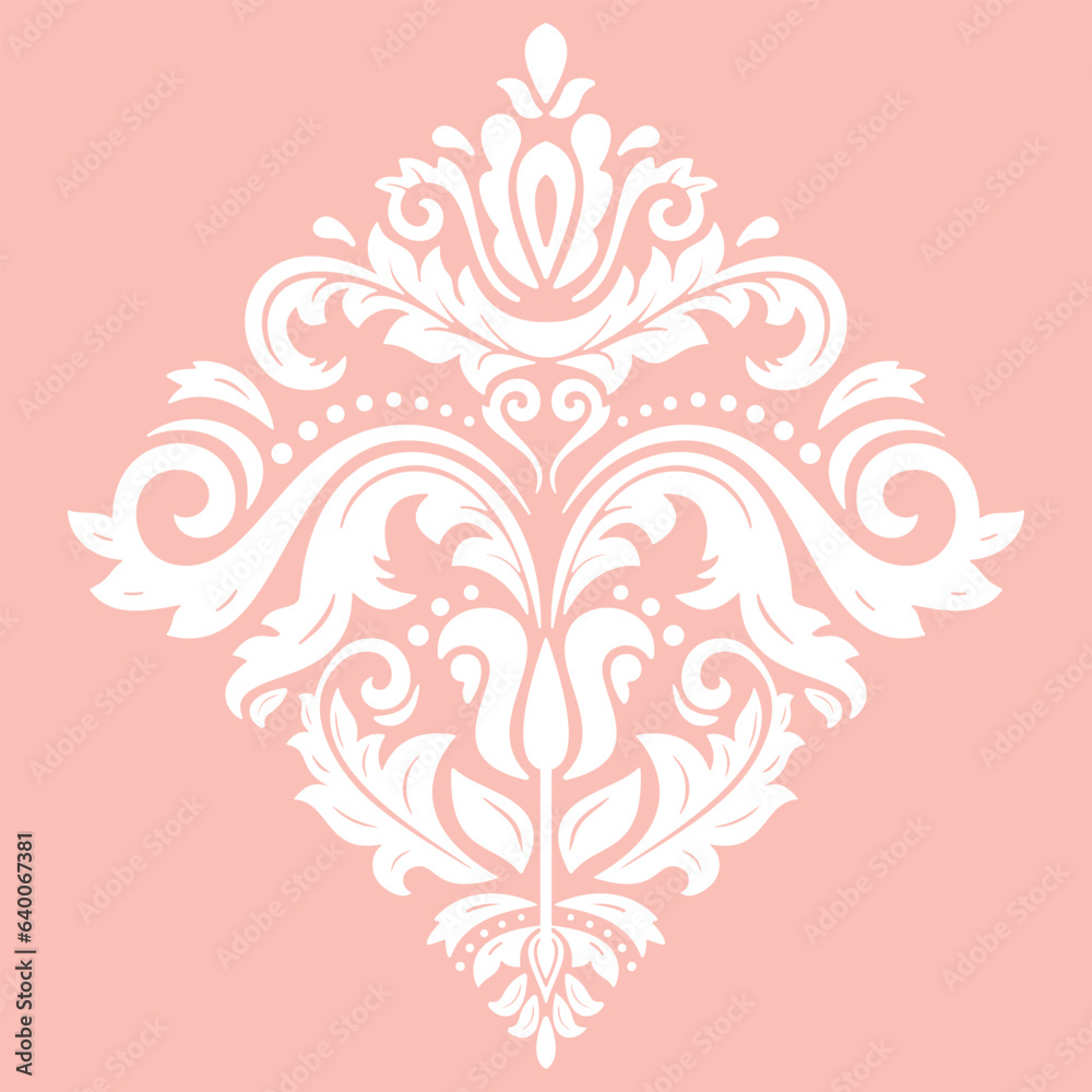 Oriental vector ornament with arabesques and floral elements. Traditional classic pink and white ornament. Vintage pattern with arabesques