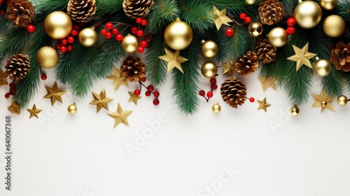 Festive Christmas garland  isolated on white background. Fir green branches are decorated with gold stars  fir cones and red berries. Christmas decor.