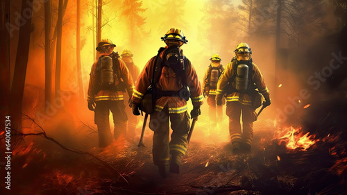 Team of brave firefighters while putting out a forest fire