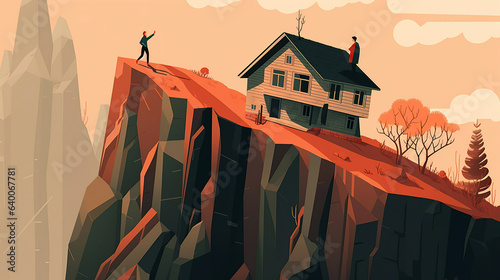 ai generated Illustration Crisis house on the hill cliff about to fall off