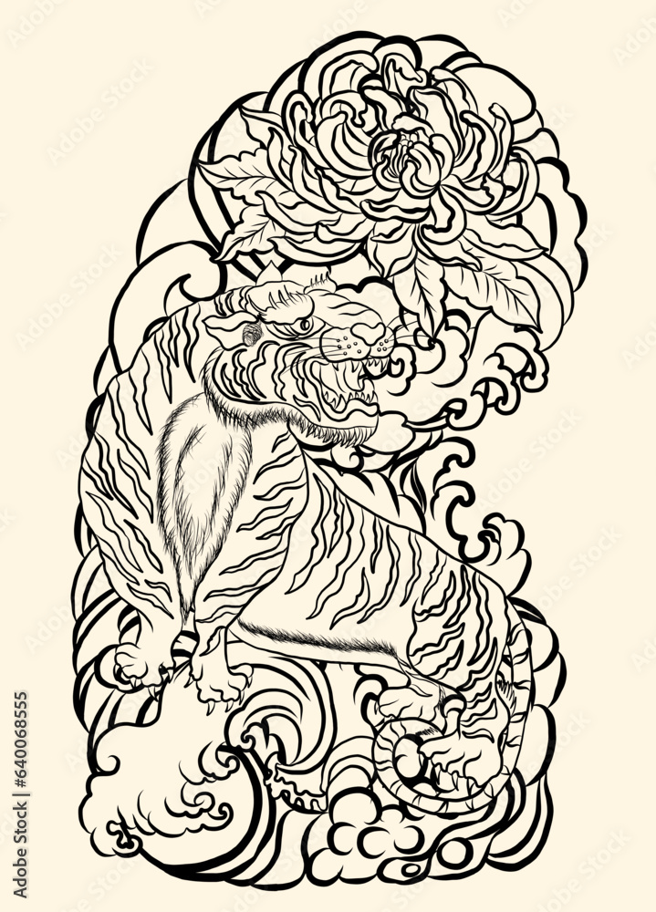 Traditional Japanese tiger with flower and clouds for tattoo design on background.Chinese culture for doodle art on white isolated.Japanese flower for coloring book.Vector illustration of Asian.
