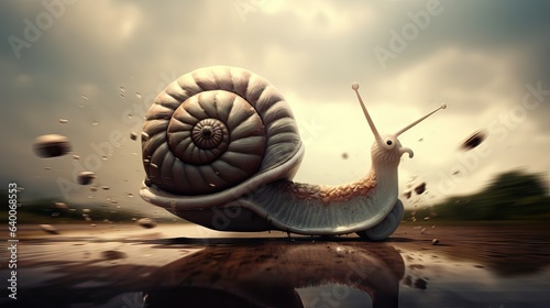 An imaginative image depicting a snail zooming rapidly toward a finish line, defying its slow-moving stereotype and illustrating the concept of unexpected victory. Generative AI.