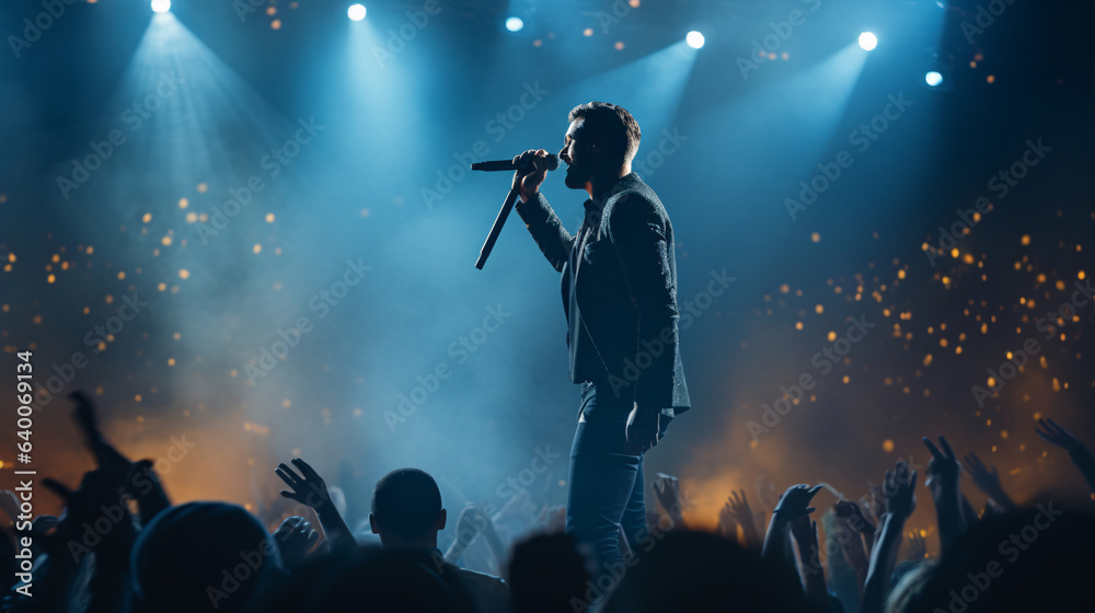 An Emotive Scene Of A Singer Holding A Microphone Stand And Performing On Stage, Fully Immersed In The Performance, Pouring Out Emotions And Connecting With The Audience