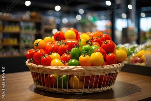 tomato green yellow orange red in basket on supermarket