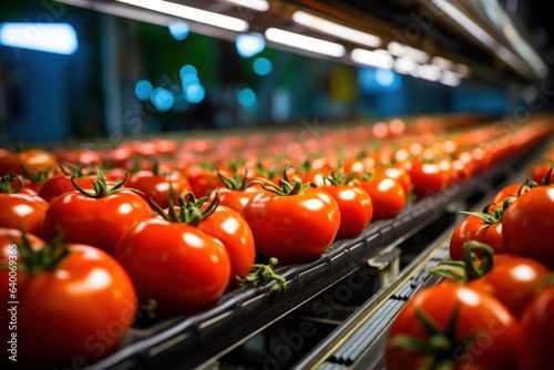 Tomatoes are transported by industrial production conveyors to be processed as a tomato product commodity