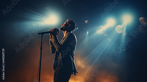 An Emotive Scene Of A Singer Holding A Microphone Stand And Performing On Stage, Fully Immersed In The Performance, Pouring Out Emotions And Connecting With The Audience
