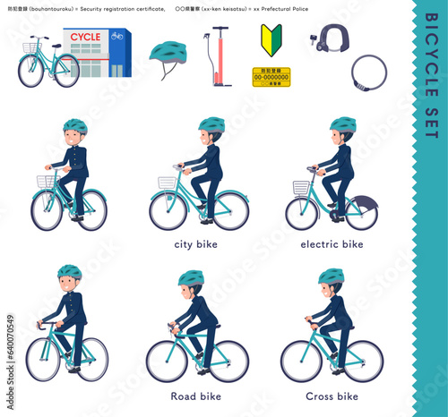 色々な自転車に乗る学ラン男子学生のセット