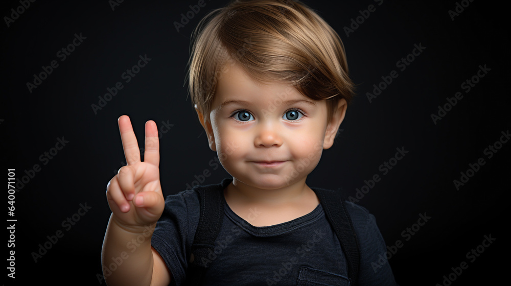 boy child showing peace symbol two fingers up on black background, AI generated boy child showing peace symbol two fingers up on black background, AI generated