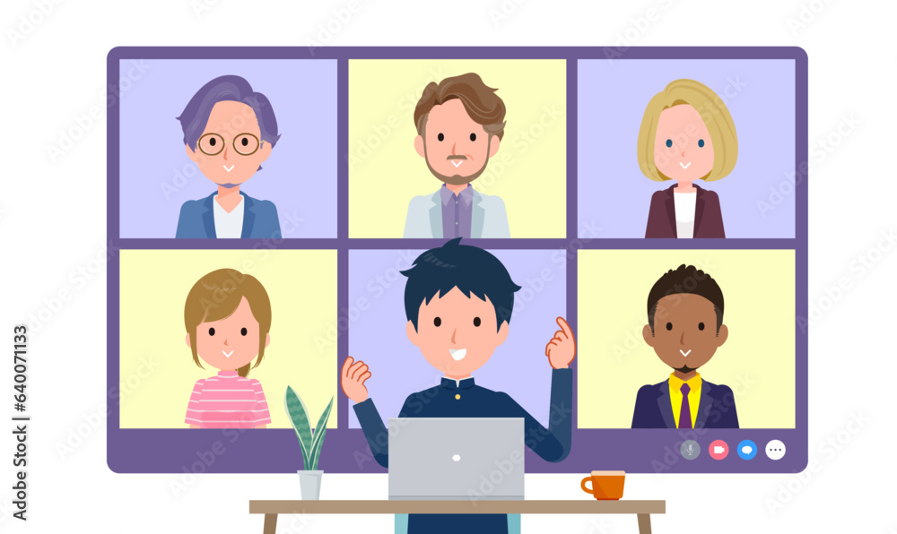 複数人でオンライン会議をしている学ラン男子学生のセット。正面アングル 複数人でオンライン会議をしている学ラン男子学生のセット。正面アングル