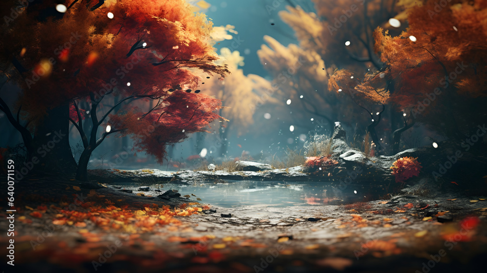 drawing of an autumn landscape in a park with a puddle, generated by AI