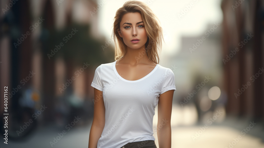 beautiful blonde with blank white t-shirt on the street, generated by AI beautiful blonde with blank white t-shirt on the street, generated by AI