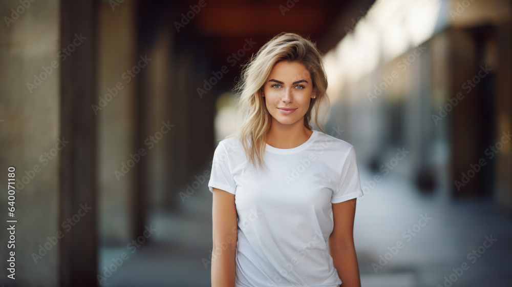 beautiful blonde with blank white t-shirt on the street, generated by AI
