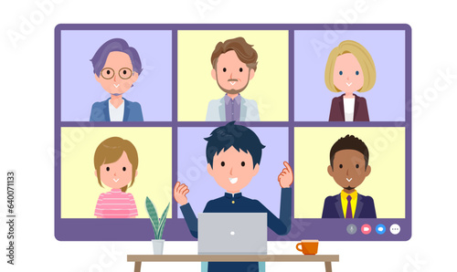 複数人でオンライン会議をしている学ラン男子学生のセット。正面アングル