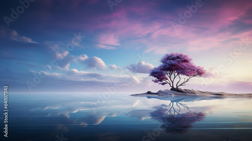 small island with one tree with purple leaves and sunrise with pink clouds, AI generated