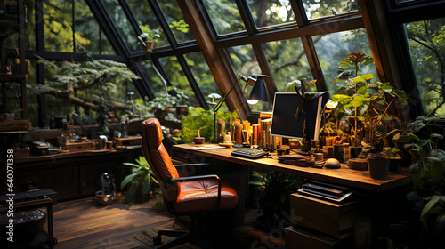 Workspace with natural materials such as wood and plants