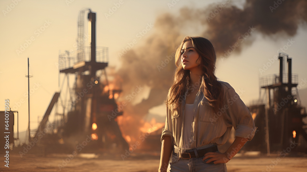 Fototapeta premium a woman on the background of a burning and smoking factory, generated by AI