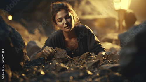 a woman in a mine picks coal with her hands, created by AI