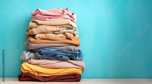 Stack of colored clothes, copy space