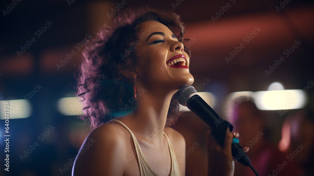 a beautiful girl in a nightclub sensually with closed eyes and a sincere smile sings into the microphone, generated by AI a beautiful girl in a nightclub sensually with closed eyes and a sincere smile sings into the microphone, generated by AI